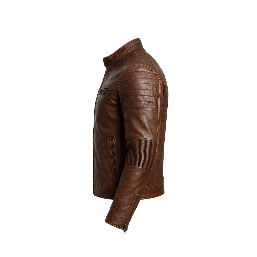 Brown leather jacket on a white background