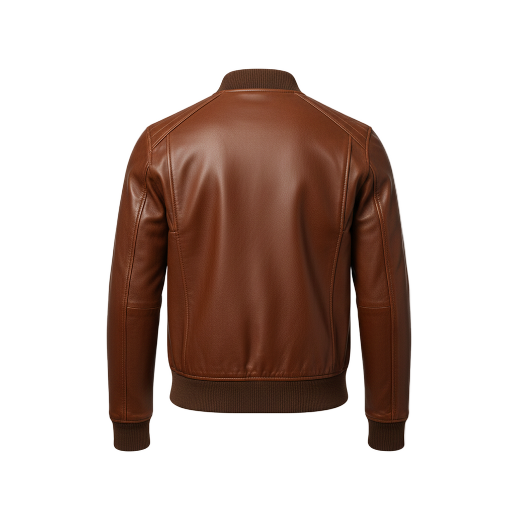 Brown leather jacket on a white background with a brand logo in the corner.