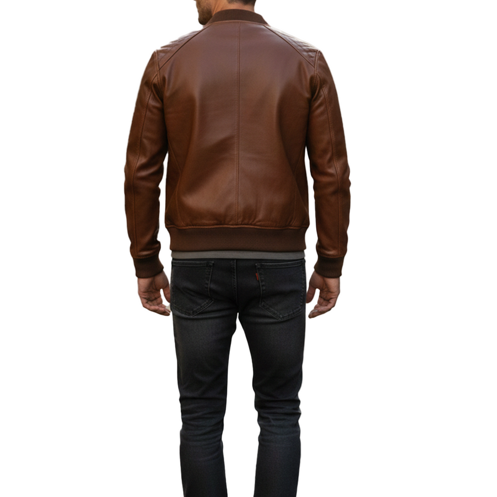 Brown leather jacket worn by a person on a white background
