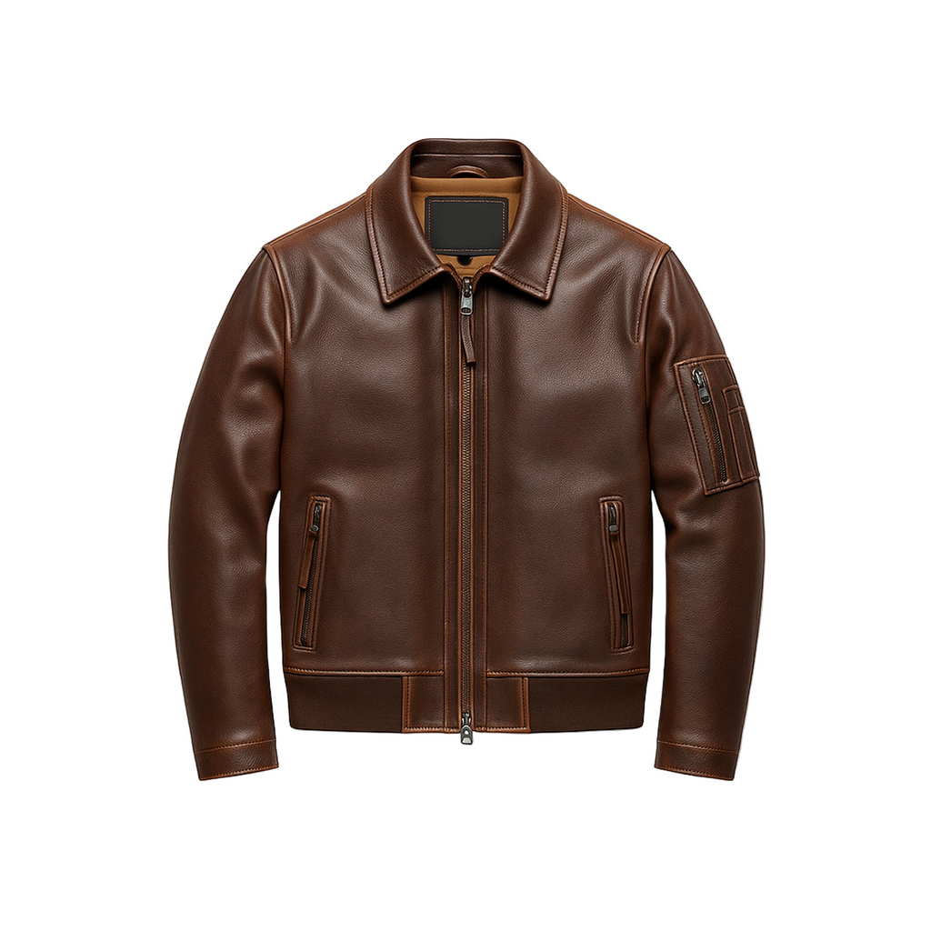 Brown leather jacket on a white background