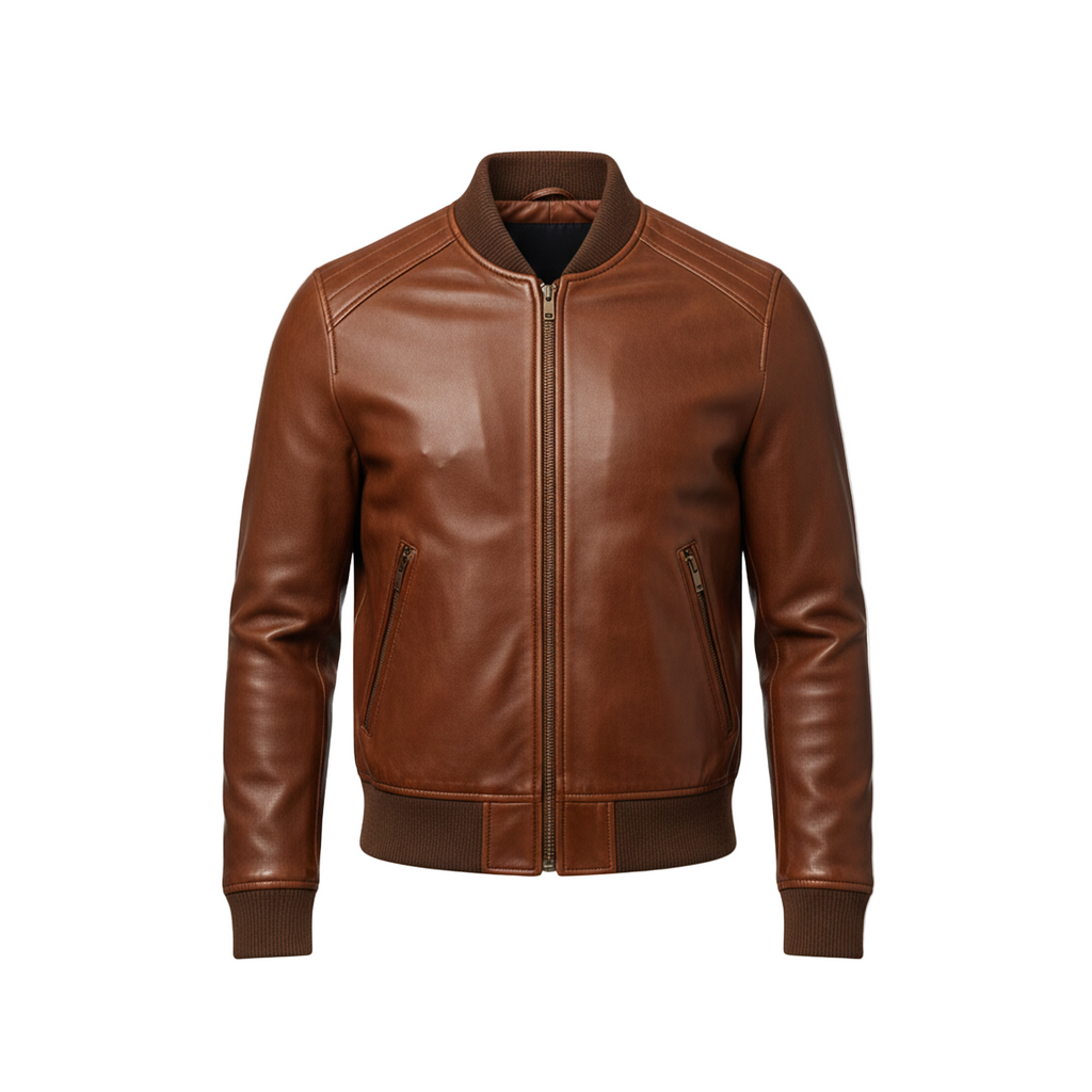 Brown leather jacket on a white background with a brand logo.