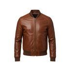 Brown leather jacket on a white background with a brand logo.