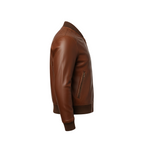 Brown leather jacket on a white background with a brand logo.