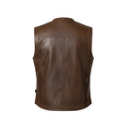 Brown leather vest on a white background with a brand logo.