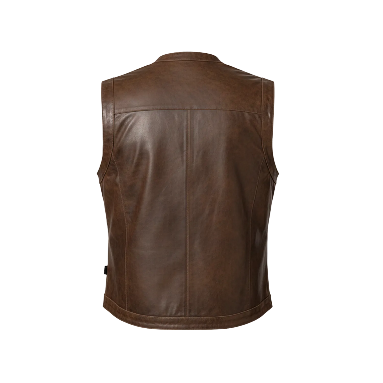 Brown leather vest on a white background with a brand logo.