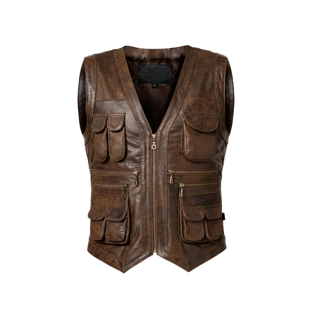 Brown leather vest with multiple pockets on a white background