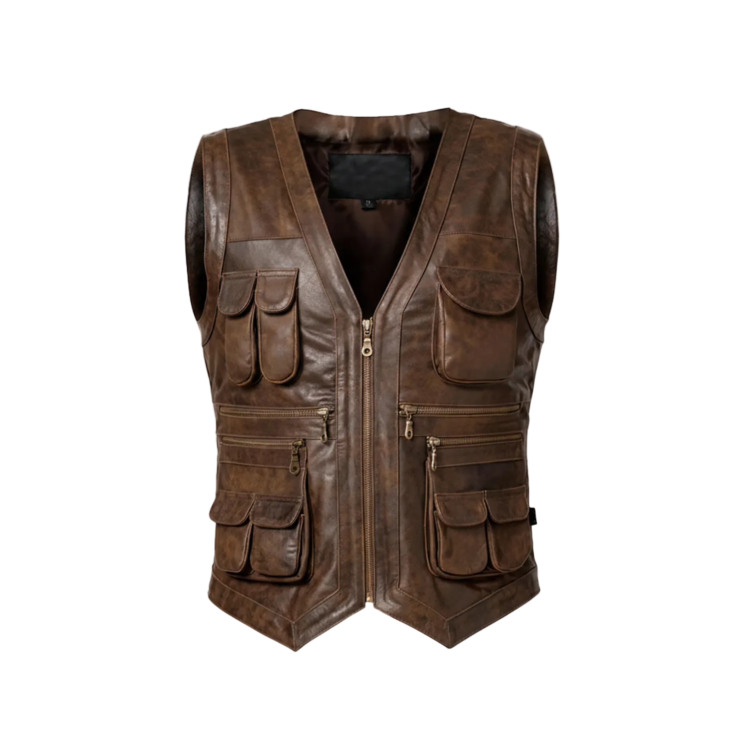 Brown leather vest with multiple pockets on a white background