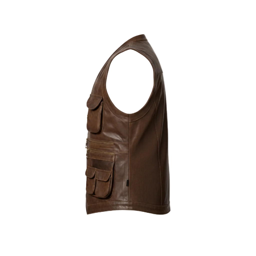 Brown leather vest with multiple pockets on a white background