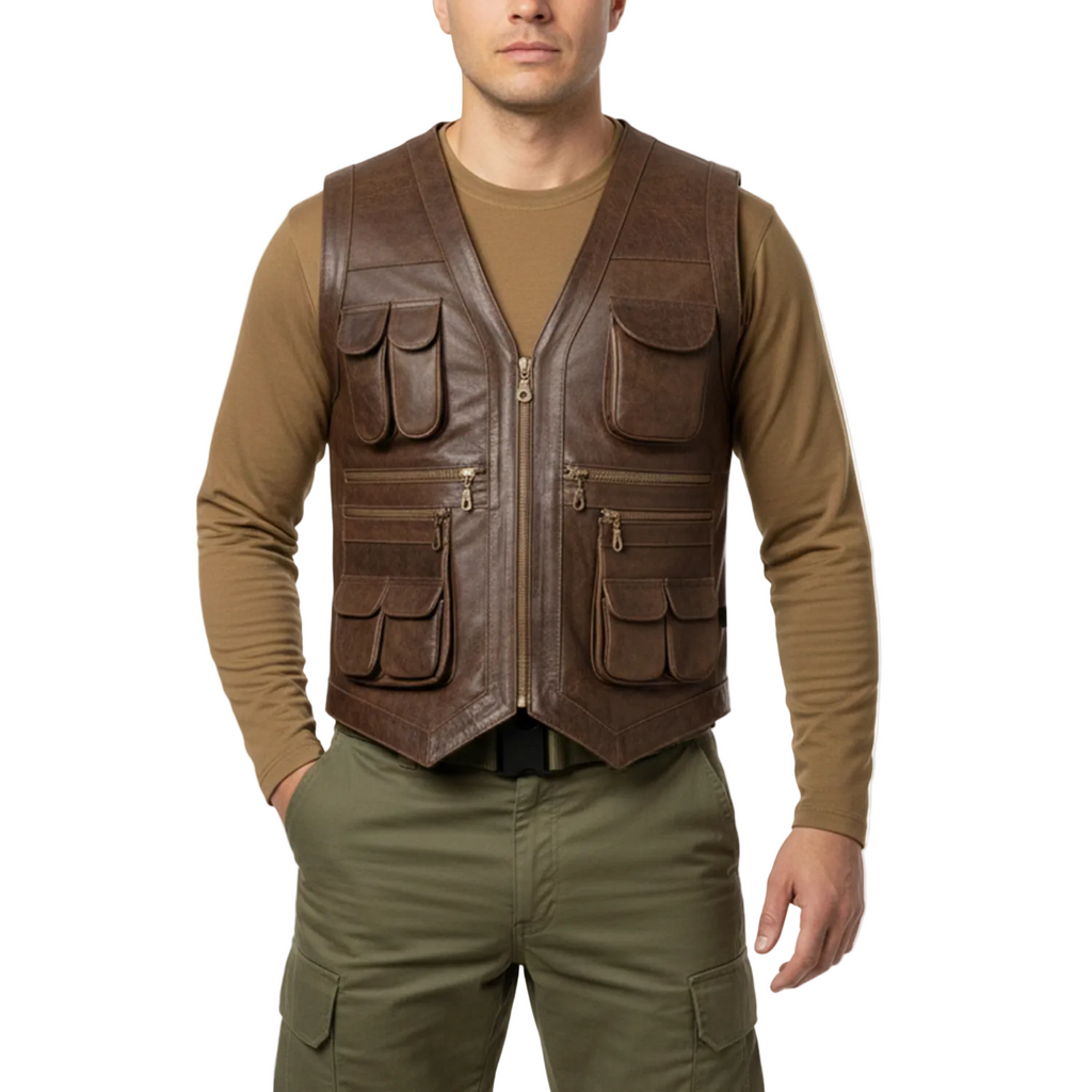 Man wearing a brown leather vest with multiple pockets on a white background
