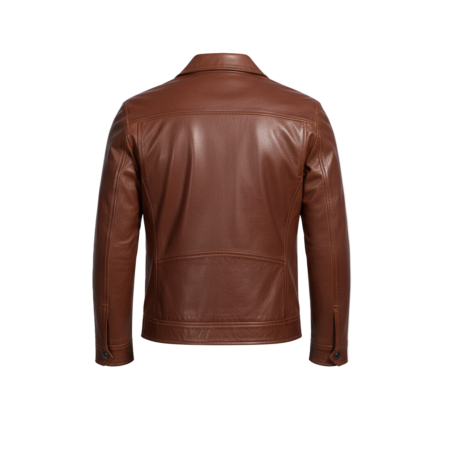 Brown leather jacket on a white background with a brand logo.