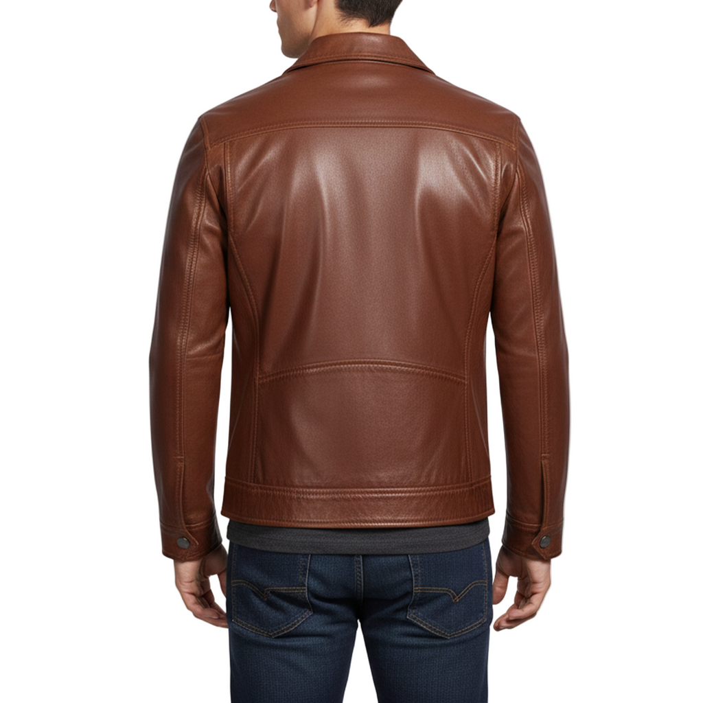 Brown leather jacket worn by a person on a white background