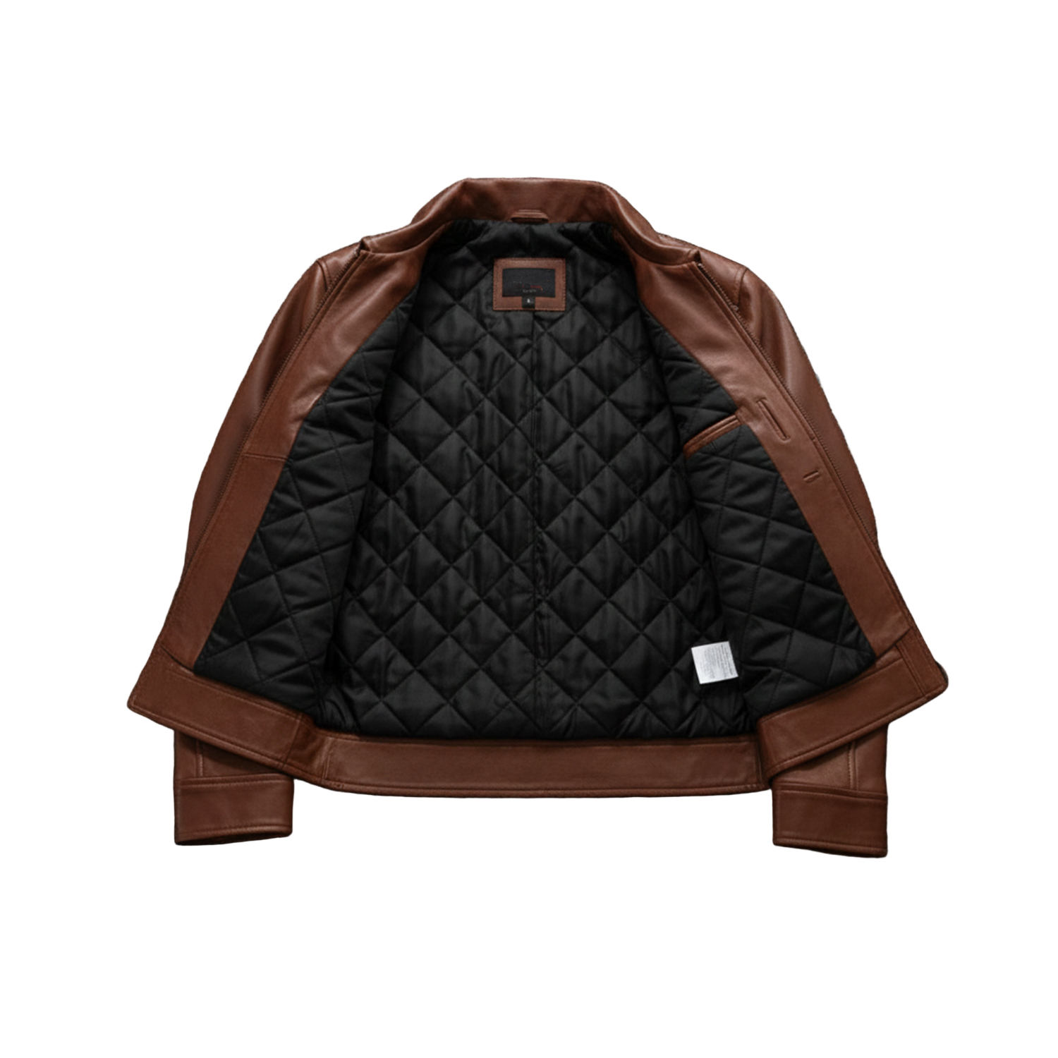 Brown leather jacket with black quilted interior on a textured gray background
