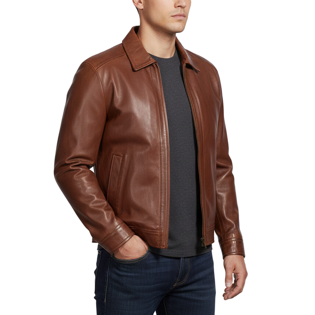 Brown leather jacket worn by a person on a white background
