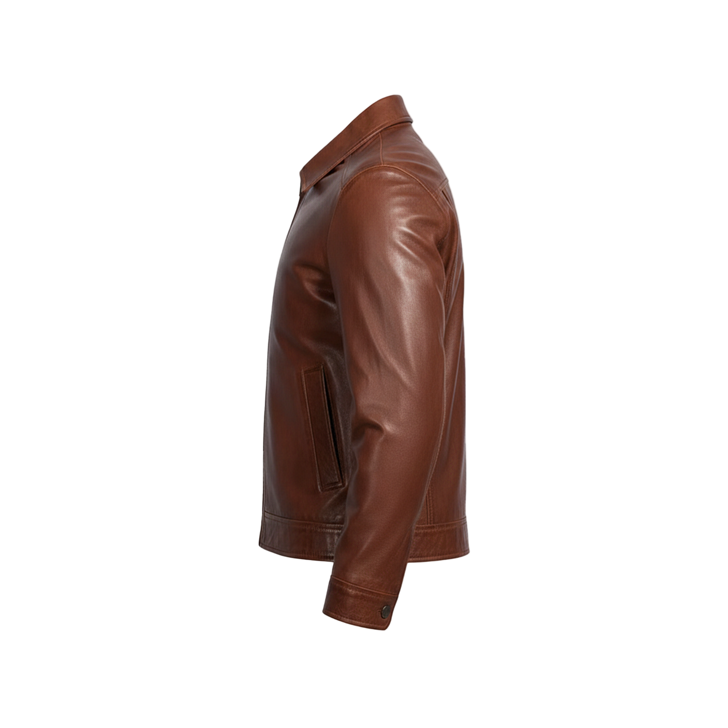 Brown leather jacket on a white background with a brand logo.