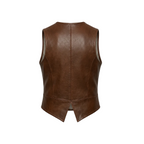 Brown leather vest on a white background with a brand logo.