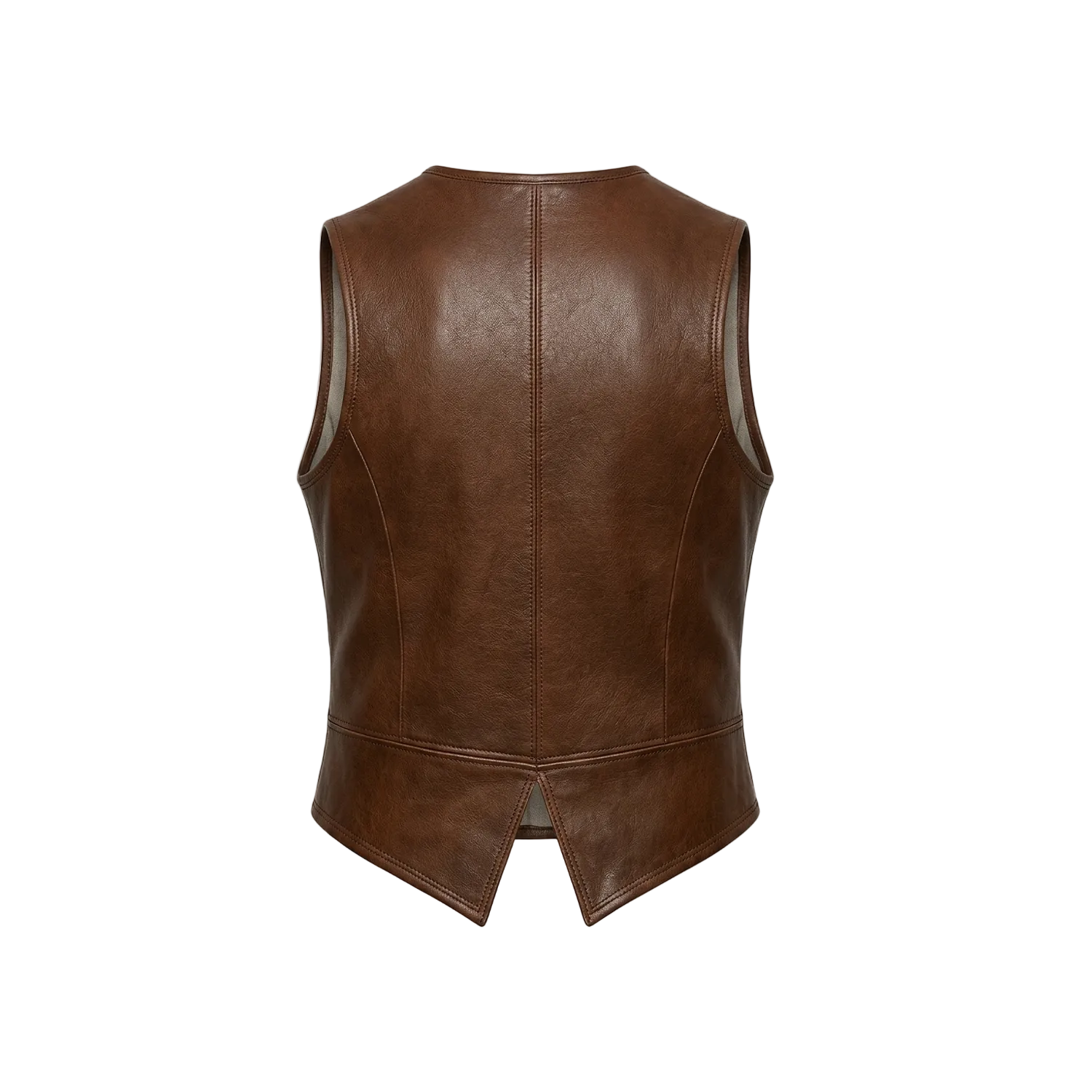 Brown leather vest on a white background with a brand logo.