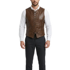 Man wearing a brown leather vest over a white shirt on a white background