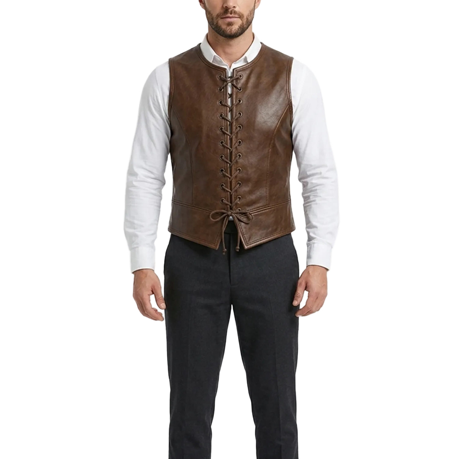 Man wearing a brown leather vest over a white shirt on a white background