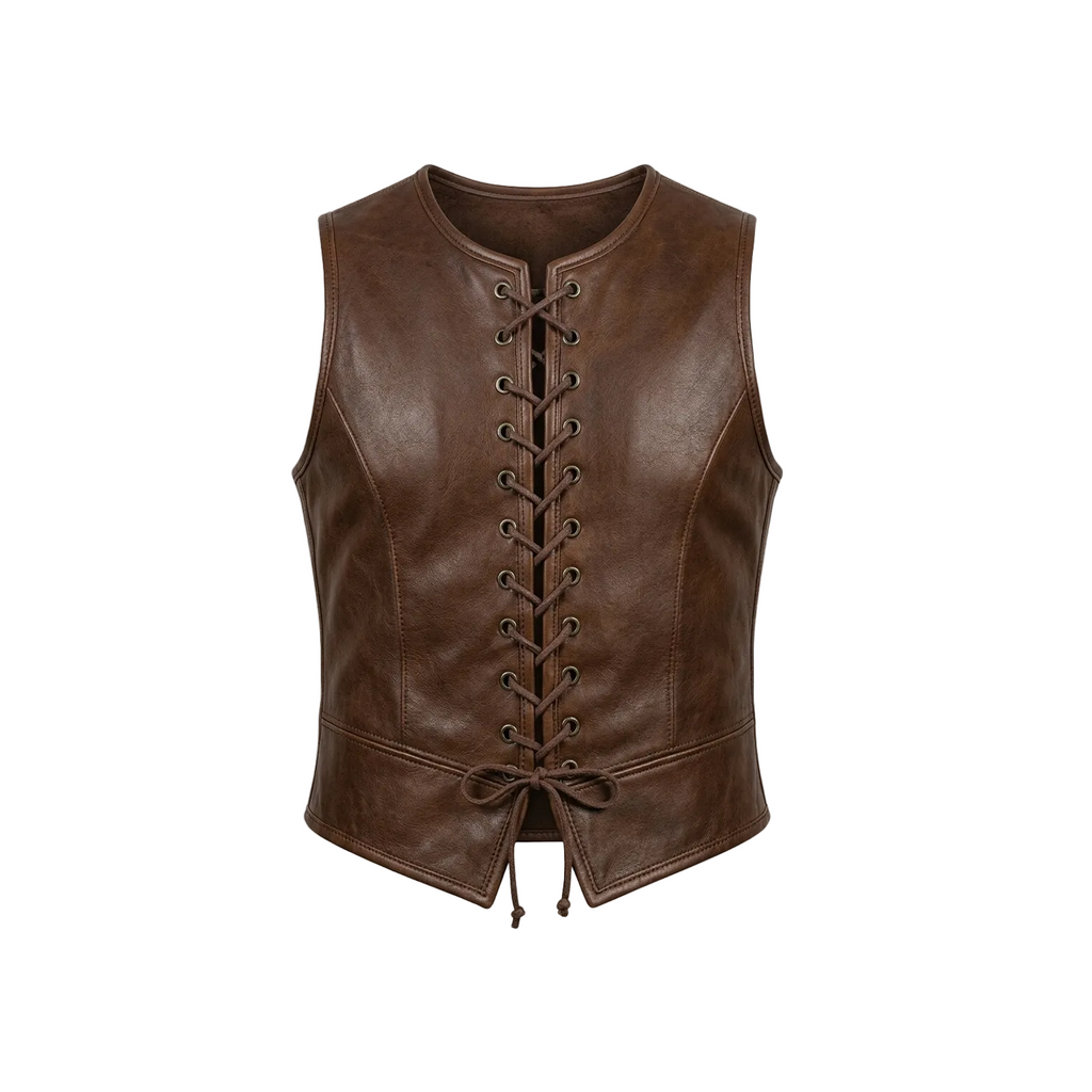 Brown leather vest with lace-up front on a white background