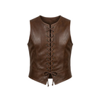 Brown leather vest with lace-up front on a white background