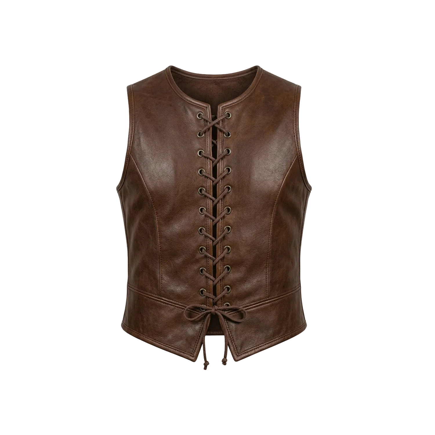 Brown leather vest with lace-up front on a white background