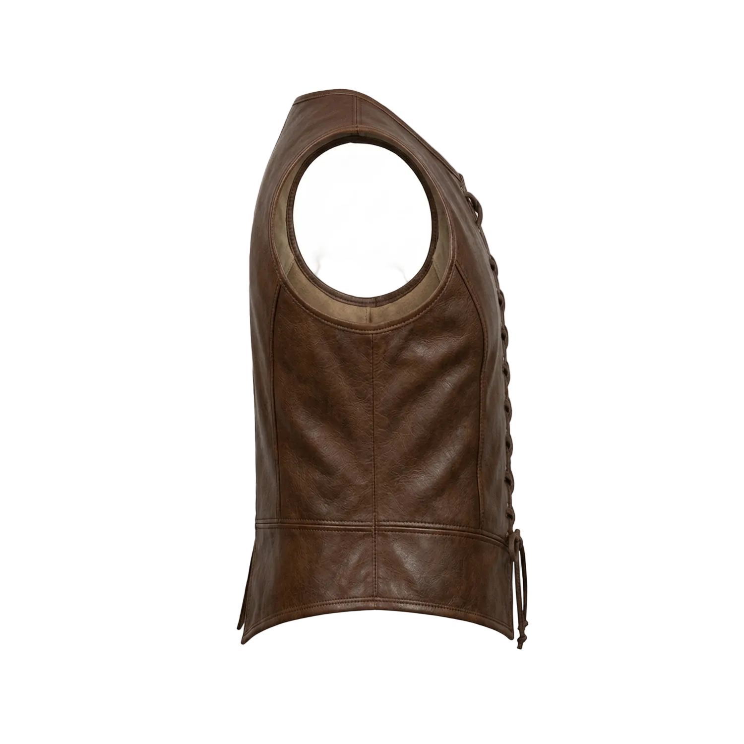 Brown leather vest on a white background with a brand logo.