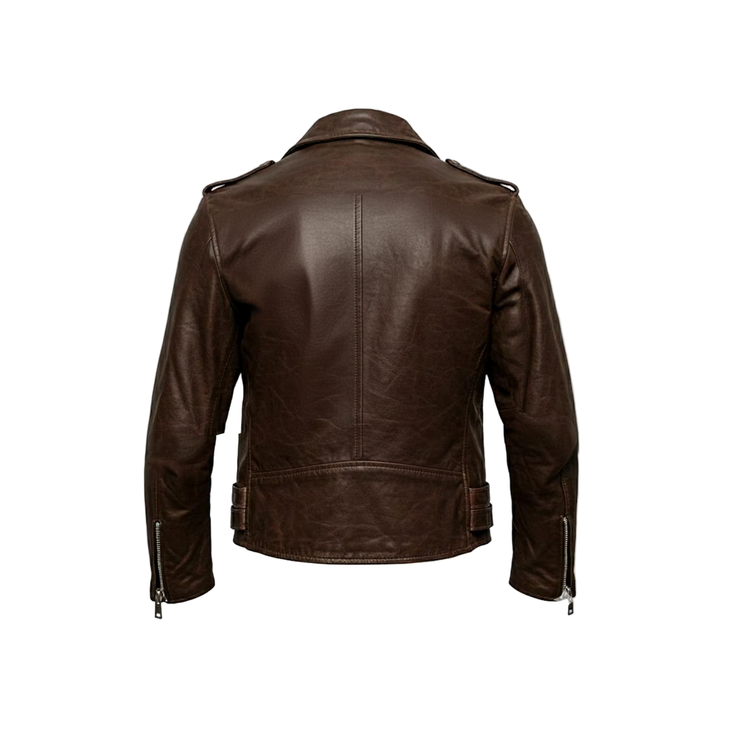 Brown leather jacket on a white background with a brand logo.