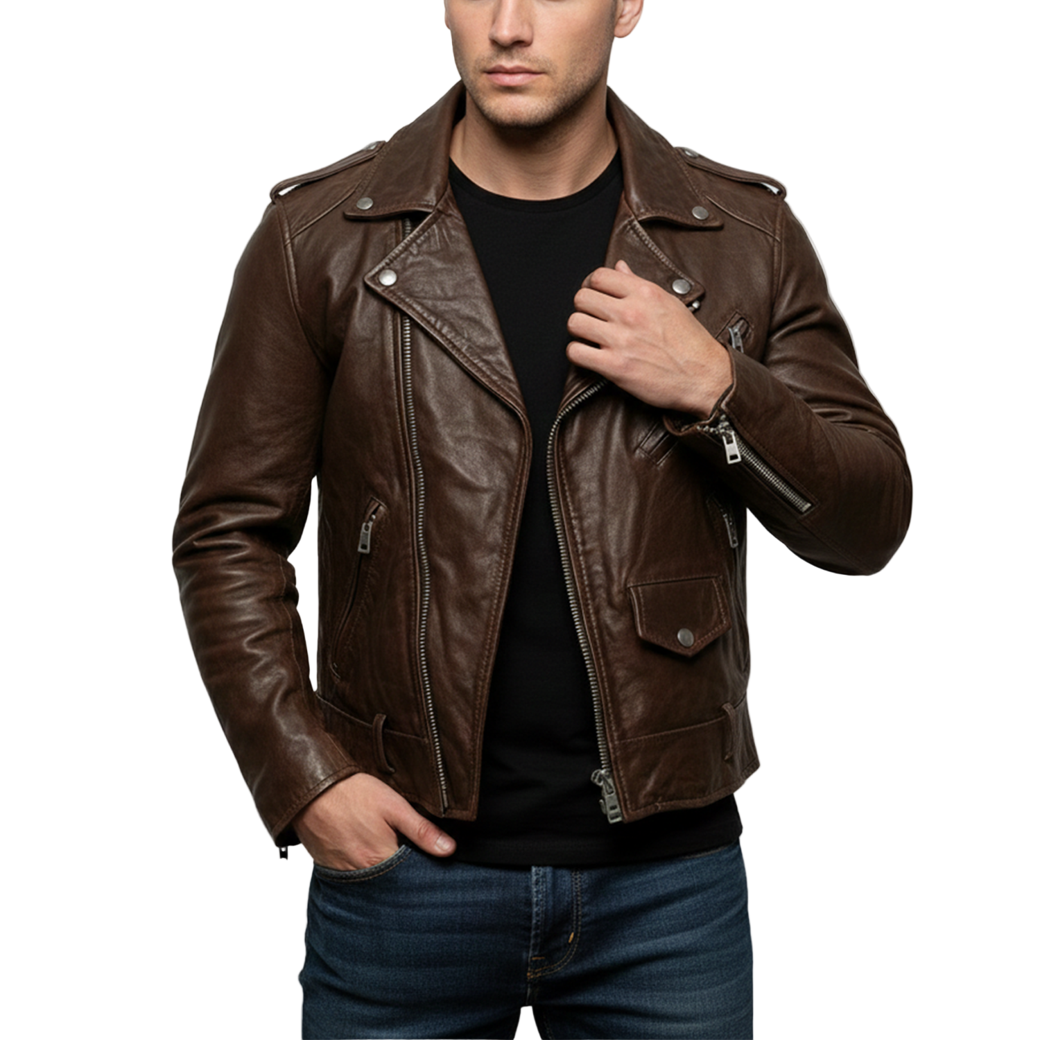 Man wearing a brown leather jacket on a white background