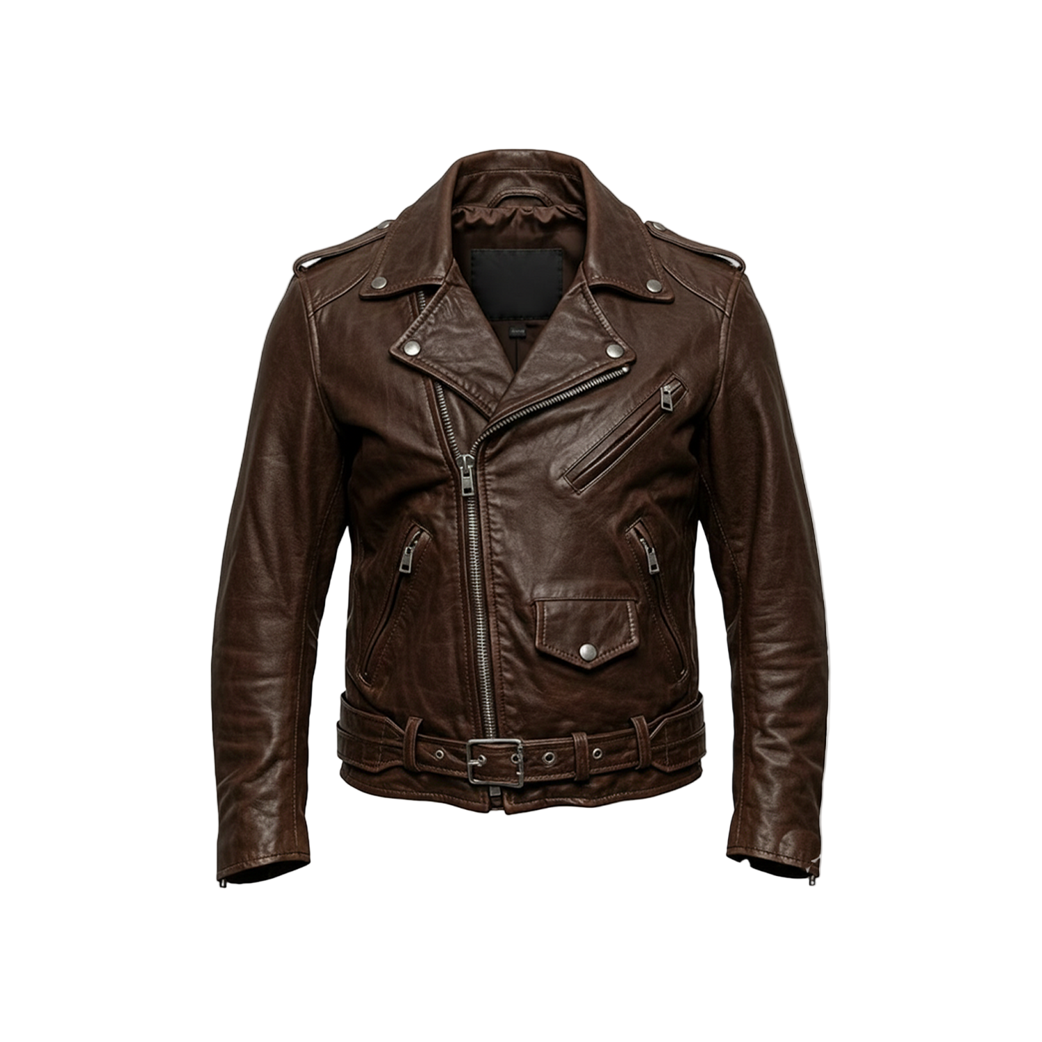 Brown leather jacket on a white background with a brand logo.