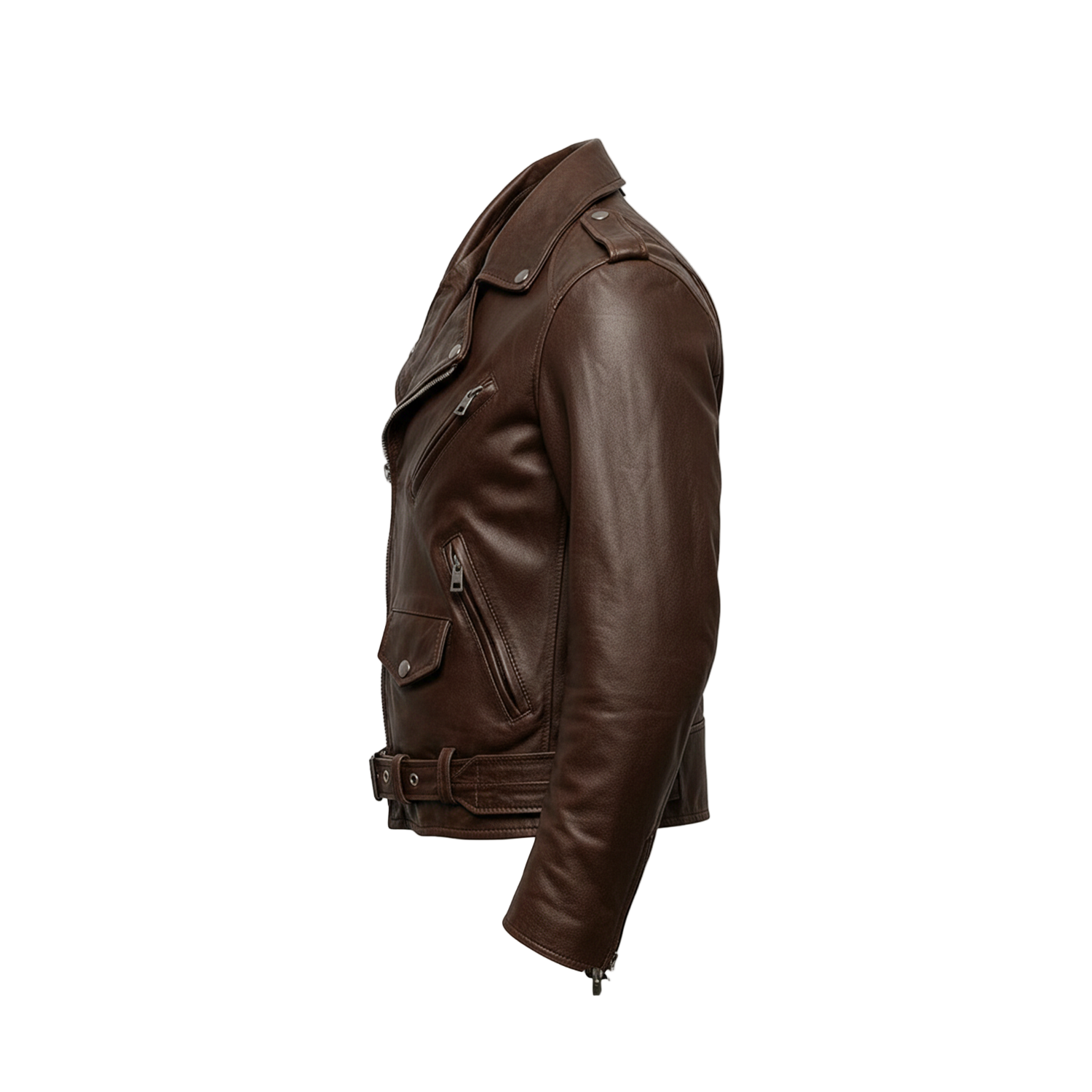 Brown leather jacket on a white background with a brand logo.