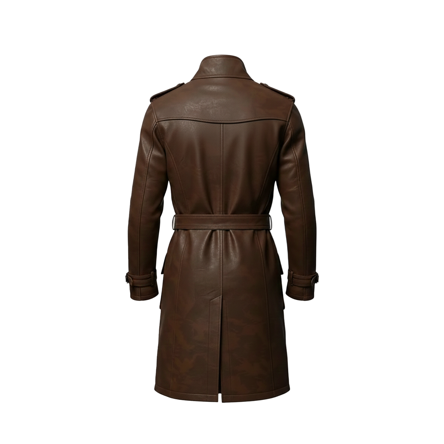 Brown leather trench coat on a white background