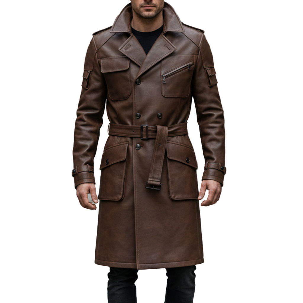 Brown leather trench coat worn by a person on a white background