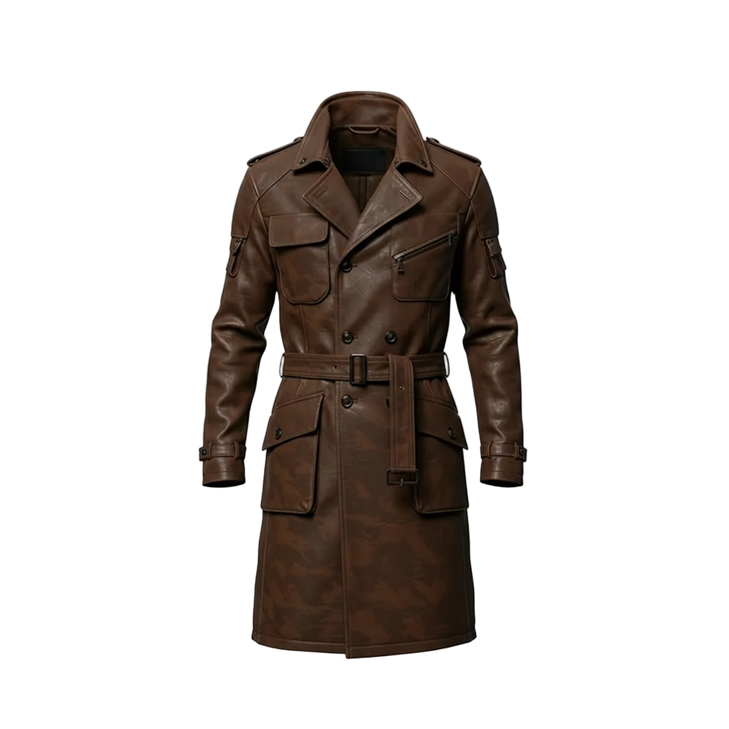 Brown leather trench coat on a white background with a brand logo.