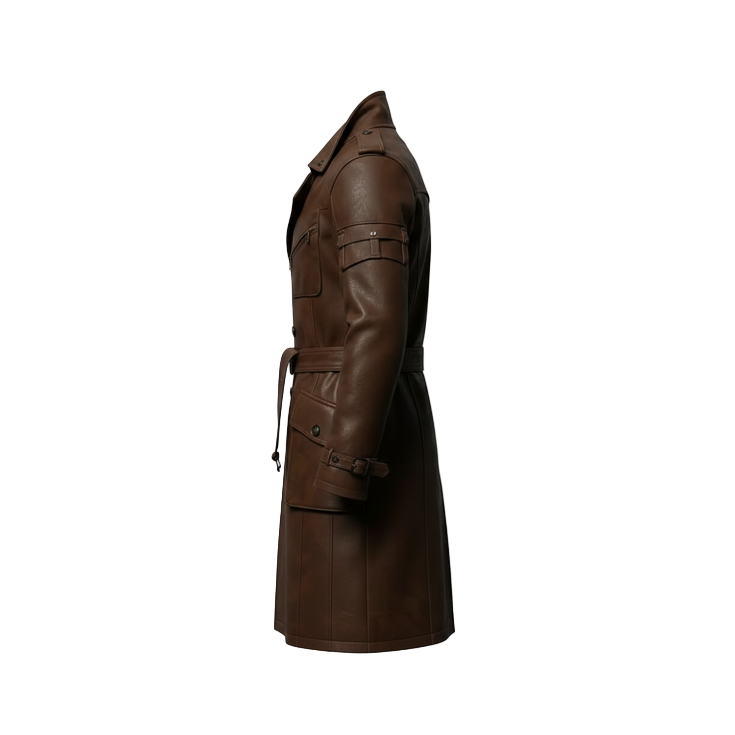 Brown leather coat on a white background with a brand logo.