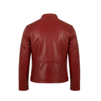Red leather jacket on a white background with a brand logo.