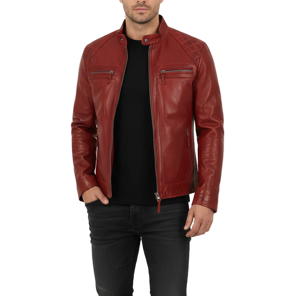 Man wearing a red leather jacket on a white background