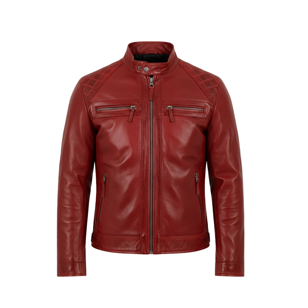 Red leather jacket on a white background with a brand logo.