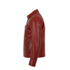 Red leather jacket on a white background with a brand logo.