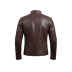 Brown leather jacket on a white background with a brand logo.