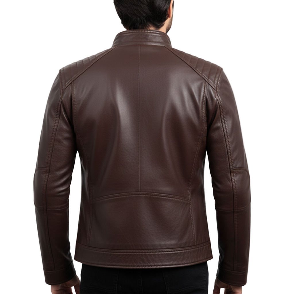 Brown leather jacket worn by a person on a white background