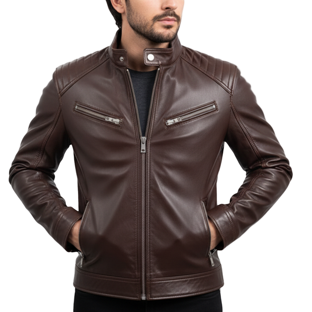Brown leather jacket worn by a model on a white background