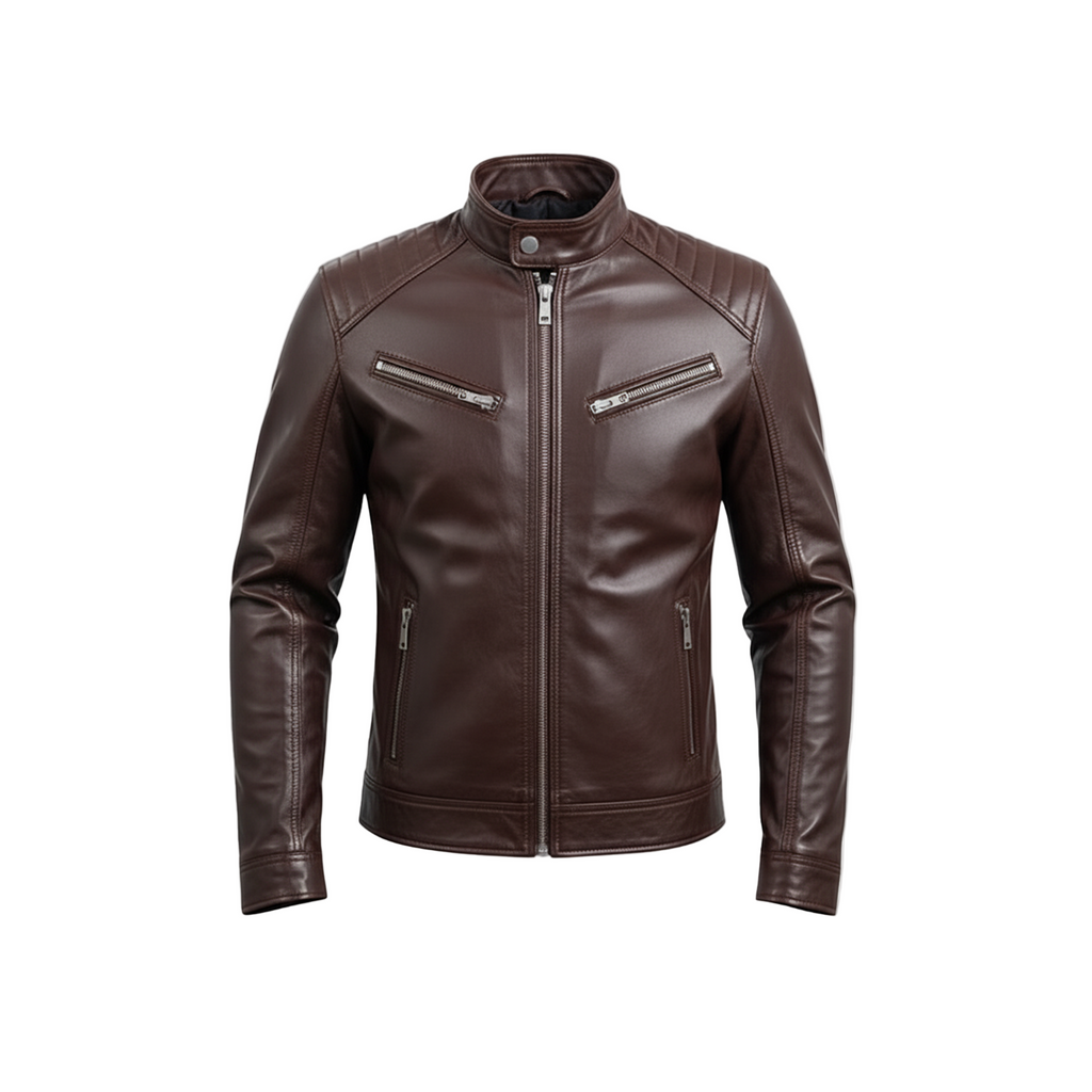 Brown leather jacket with silver zippers on a white background
