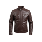 Brown leather jacket with silver zippers on a white background