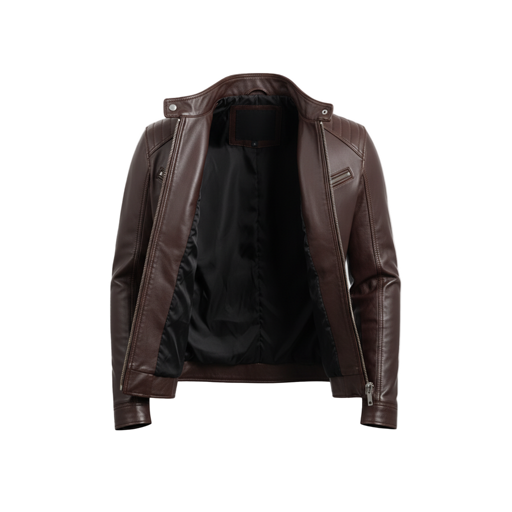 Brown leather jacket on a white background with brand logo.