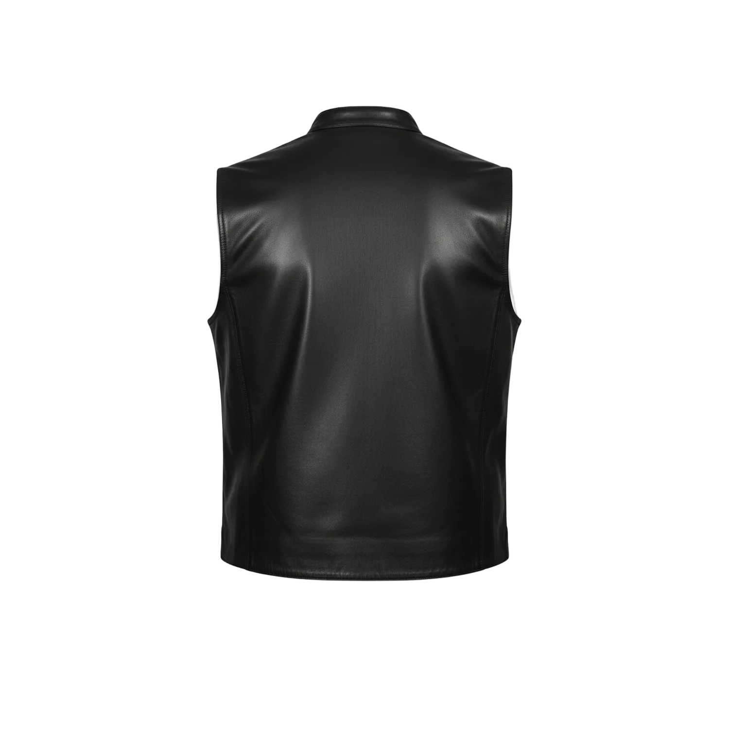 Black leather vest on a white background with a brand logo.