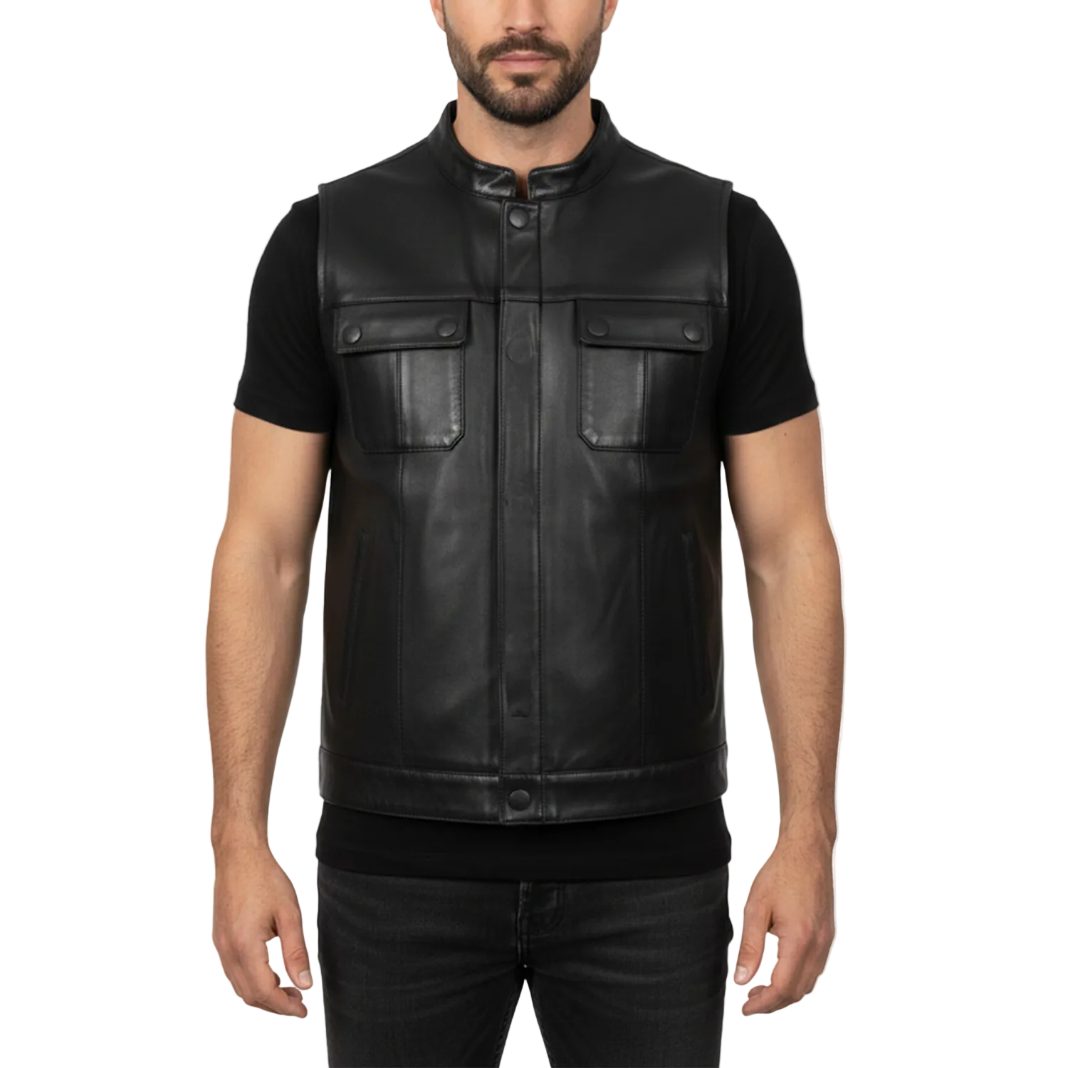 Man wearing a black leather vest on a white background