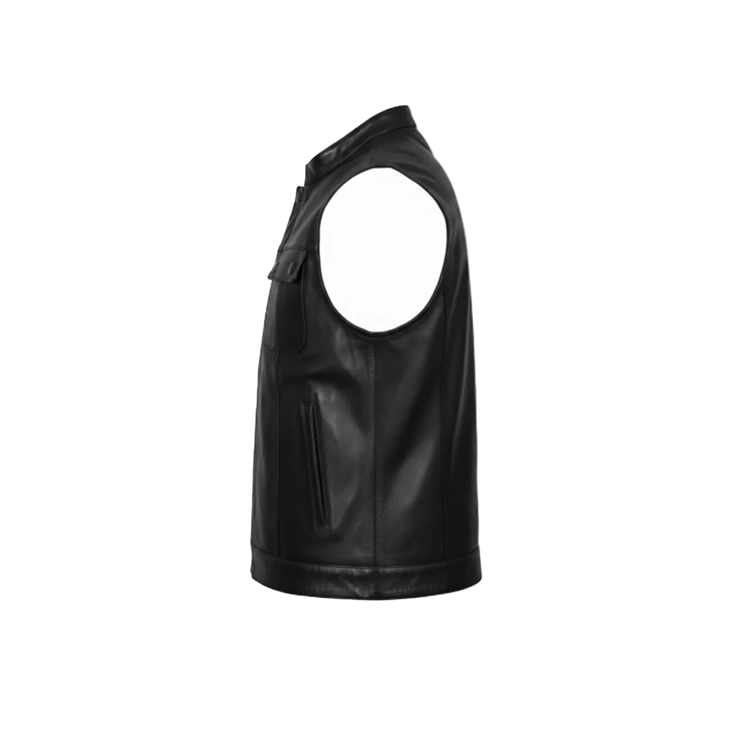 Black leather vest on a white background with a brand logo.