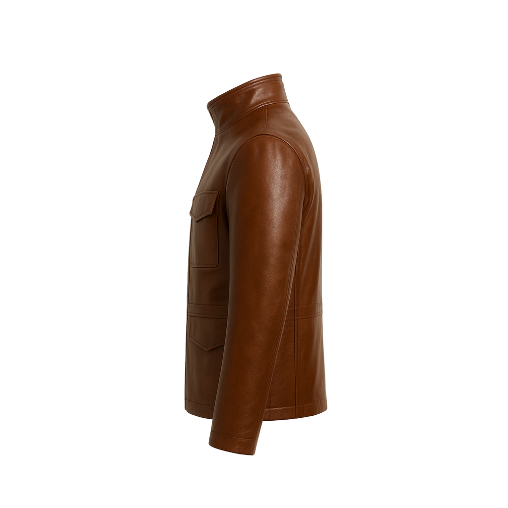 Brown leather jacket on a white background