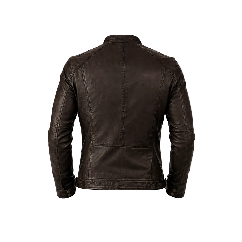 Brown leather jacket on a white background with a brand logo.