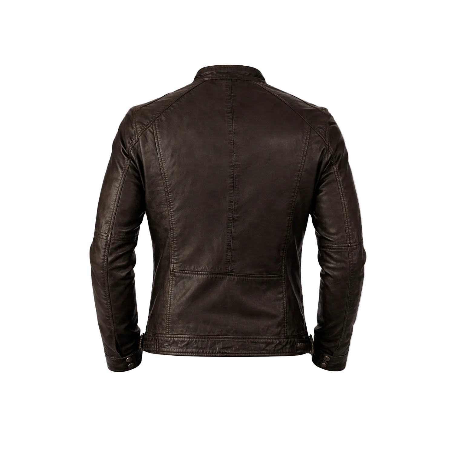 Brown leather jacket on a white background with a brand logo.